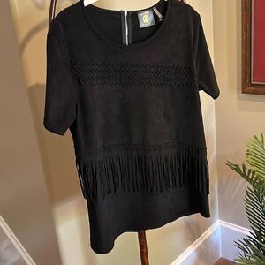 Black Fringed Faux Suede Top